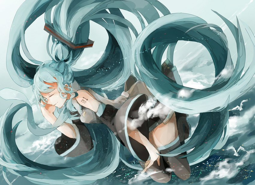 39 aqua_eyes aqua_hair boots closed_eyes cloud day detached_sleeves hatsune_miku long_hair matchazi necktie skirt sky smile solo thigh_boots thighhighs twintails very_long_hair vocaloid