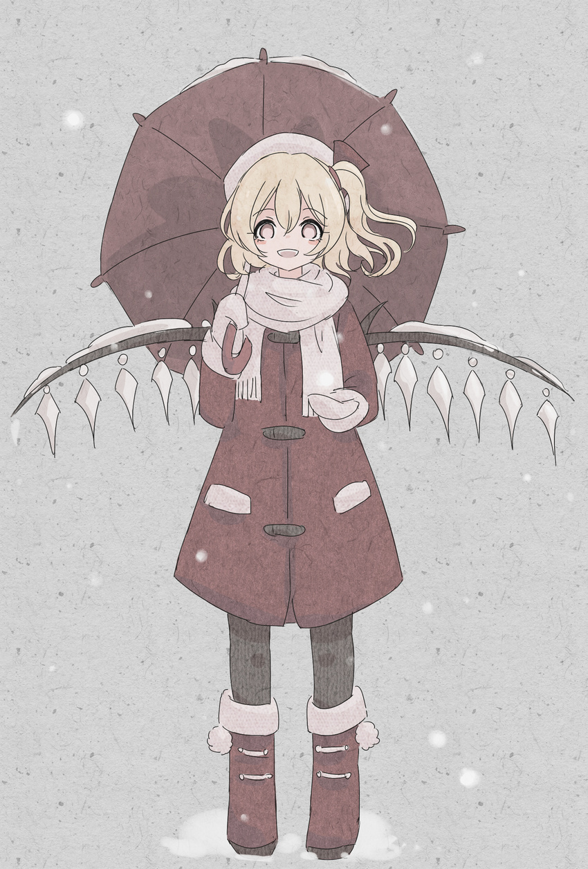 aaaabo alternate_costume bangs black_pants blonde_hair blush bow coat flandre_scarlet hair_between_eyes hair_bow hand_up highres holding holding_umbrella looking_at_viewer mittens no_pupils open_mouth pants pantyhose scarf short_hair side_ponytail smile snow_boots snowing solo touhou umbrella wings winter_clothes winter_coat