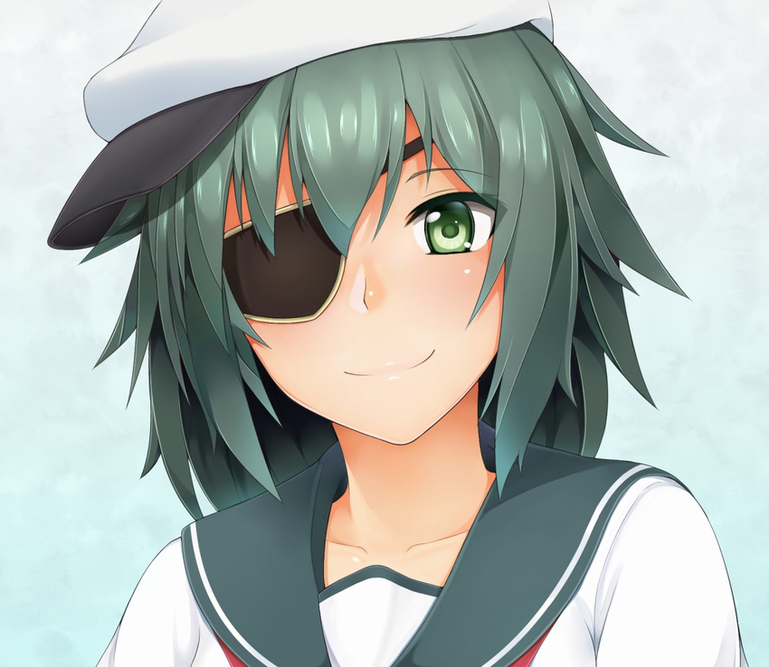 aqua_background bad_id bad_pixiv_id bangs commentary_request eyepatch gradient gradient_background green_eyes green_hair hat kantai_collection kiso_(kantai_collection) looking_at_viewer nikonikosiro school_uniform serafuku sideways_hat simple_background smile solo