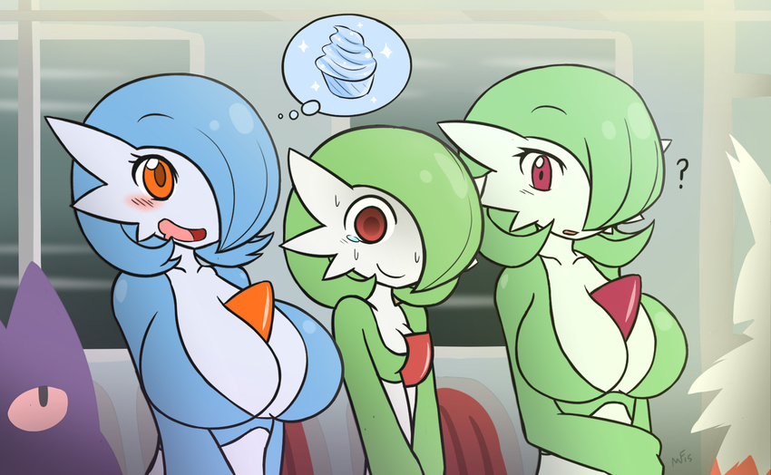 3girls ? big_breasts blue_hair blush breast_envy breasts cupcake furry gardevoir gengar green_hair group highres huge_breasts large_breasts lucy lucy_(jcdr) multiple_girls nintendo nougat nougat_(jcdr) orange_eyes pok&eacute;mon pokemon rakkuguy red_eyes shiny_pokemon small_breasts subway sweat sweatdrop thought_bubble video_games zangoose