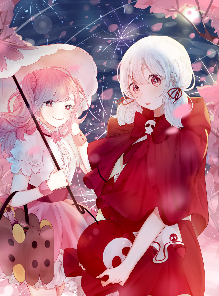 apron bad_id bad_pixiv_id blush bow capelet cherry_blossom_cookie cherry_bomb cherry_cookie cookie_run highres long_hair looking_at_viewer multiple_girls parasol personification pink_eyes pink_hair pink_skirt puffy_short_sleeves puffy_sleeves red_bow red_eyes red_hood short_hair short_sleeves skirt smile twintails two_side_up umbrella umyo-hibo white_hair