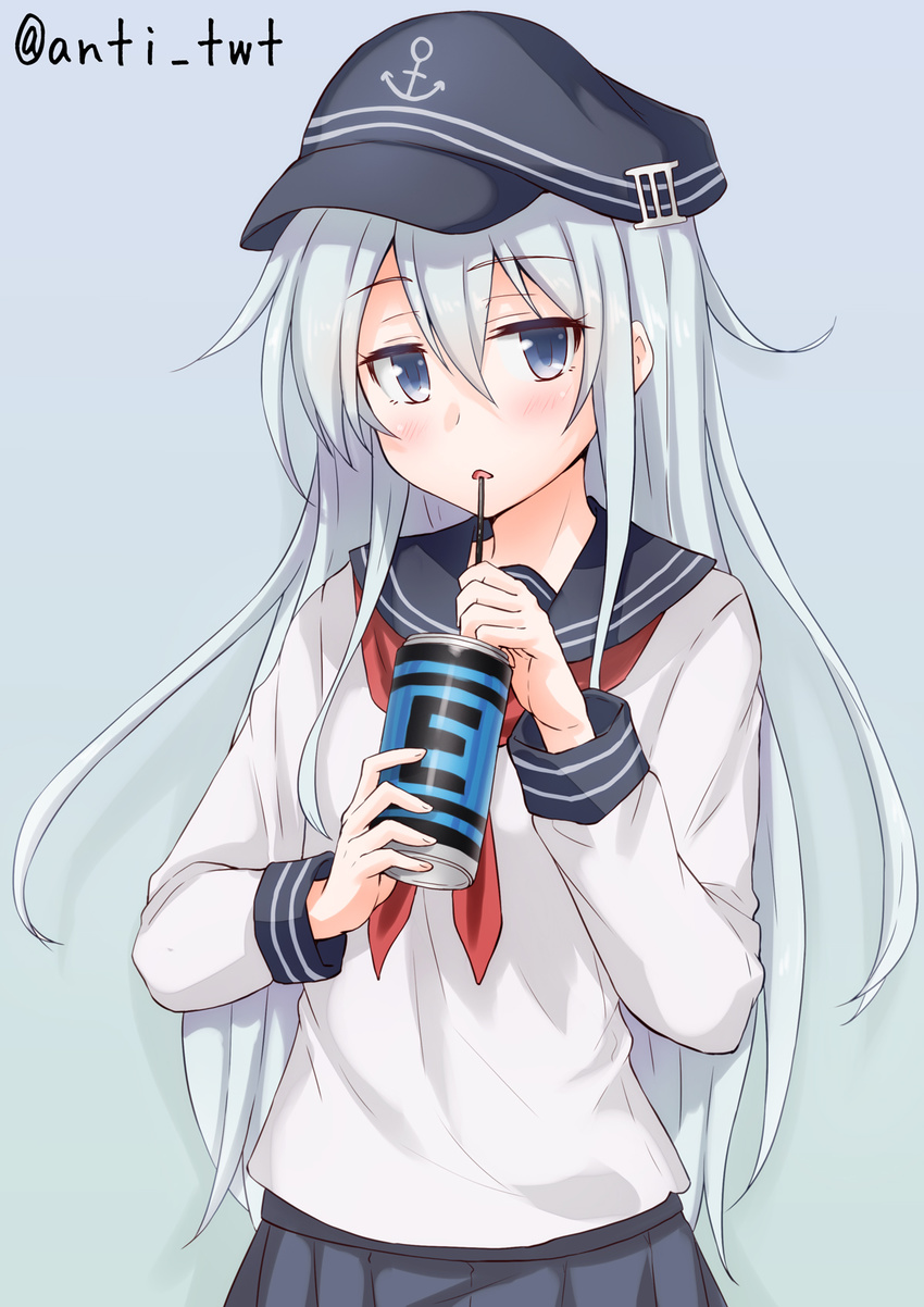 anti_(untea9) blue_eyes blush can commentary_request drinking_straw energy_drink energy_tank flat_cap hat hibiki_(kantai_collection) highres kantai_collection long_hair looking_at_viewer neckerchief rockman rockman_(classic) school_uniform serafuku silver_hair solo twitter_username