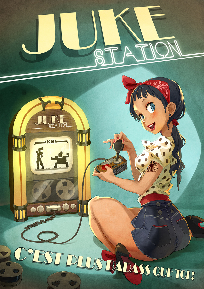 50s ass black_hair blue_eyes controller earrings fighting_game film_reel french game_console hairband high_heels highres jewelry joystick jukebox lips long_hair looking_at_viewer looking_back low_twintails nail_polish on_floor original playing_games polka_dot shoes sitting smile solo stud_earrings tattoo thighhighs twintails video_game xavier_houssin