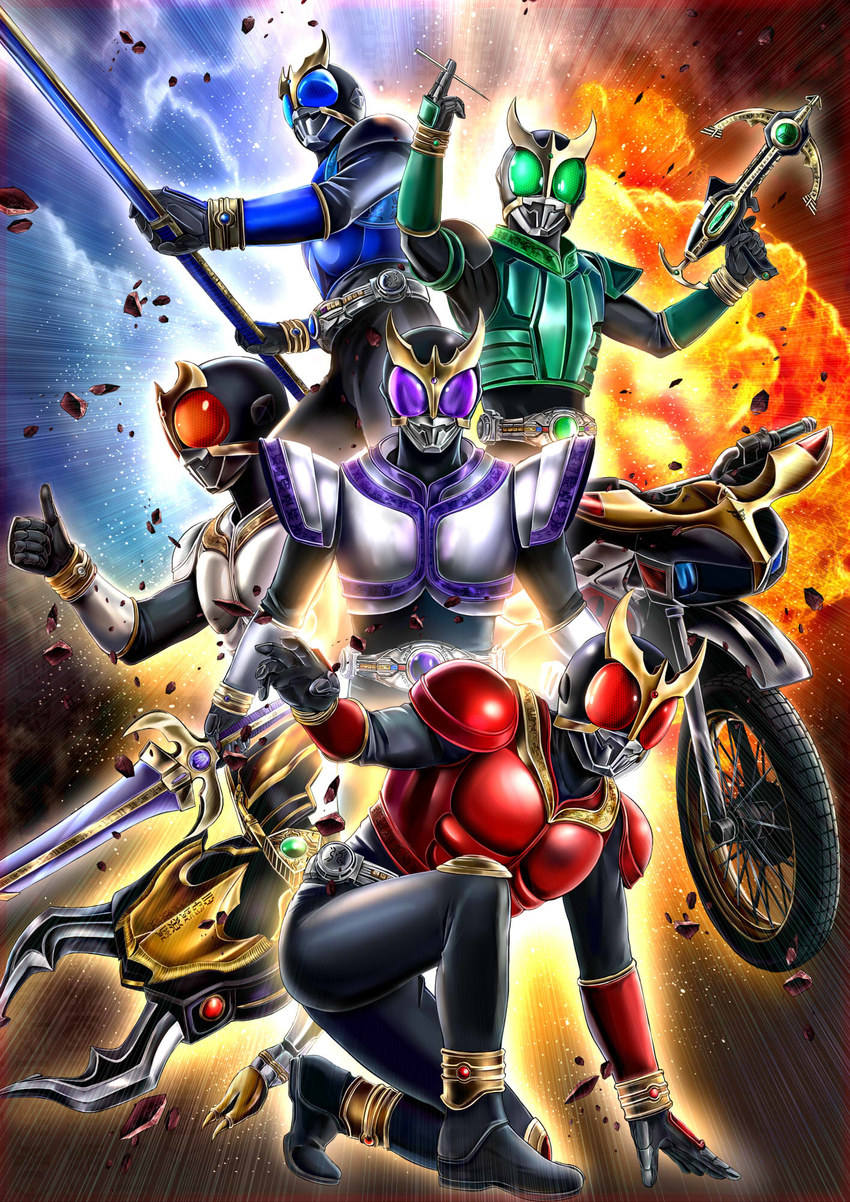 beetle belt bug explosion ground_vehicle gun highres insect kamen_rider kamen_rider_kuuga kamen_rider_kuuga_(series) masukudo_(hamamoto_hikaru) motor_vehicle multiple_persona shoulder_pads staff sword thumbs_up weapon