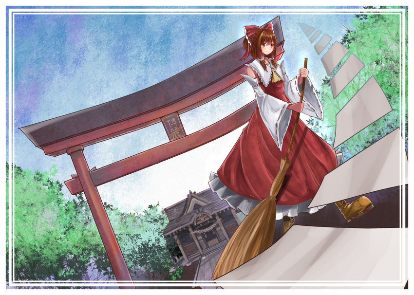 adapted_costume ascot blue_sky boots border bow box broom brown_footwear day detached_sleeves donation_box dress frilled_shirt_collar frills hair_bow hair_tubes hakurei_reimu hakurei_shrine highres holding holding_broom looking_at_viewer perspective ponytail poyosuke red_bow red_dress ribbon-trimmed_sleeves ribbon_trim scenery short_hair sky smile solo sweeping torii touhou tree white_border