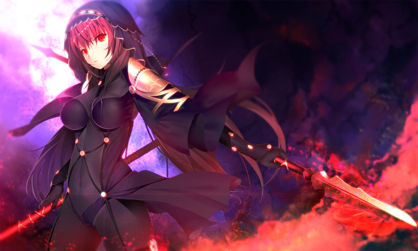 armor bangs bodysuit breasts closed_mouth covered_navel cowboy_shot dual_wielding fate/grand_order fate_(series) from_below gae_bolg gloves highres holding lens_flare long_hair looking_at_viewer machimura_komori medium_breasts pauldrons polearm purple_hair red_eyes scathach_(fate)_(all) scathach_(fate/grand_order) solo spear veil weapon