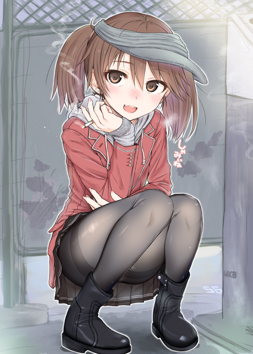 adapted_uniform ankle_boots black_footwear black_legwear blush boots brown_eyes brown_hair cigarette coat commentary_request ear_piercing earrings fang fine_fabric_emphasis fingernails highres hood hoodie jewelry kantai_collection looking_at_viewer makabe_gorou open_mouth panties panties_under_pantyhose pantyhose piercing ryuujou_(kantai_collection) skirt sleeves_past_wrists smile smoking solo squatting thighband_pantyhose twintails underwear visor_cap