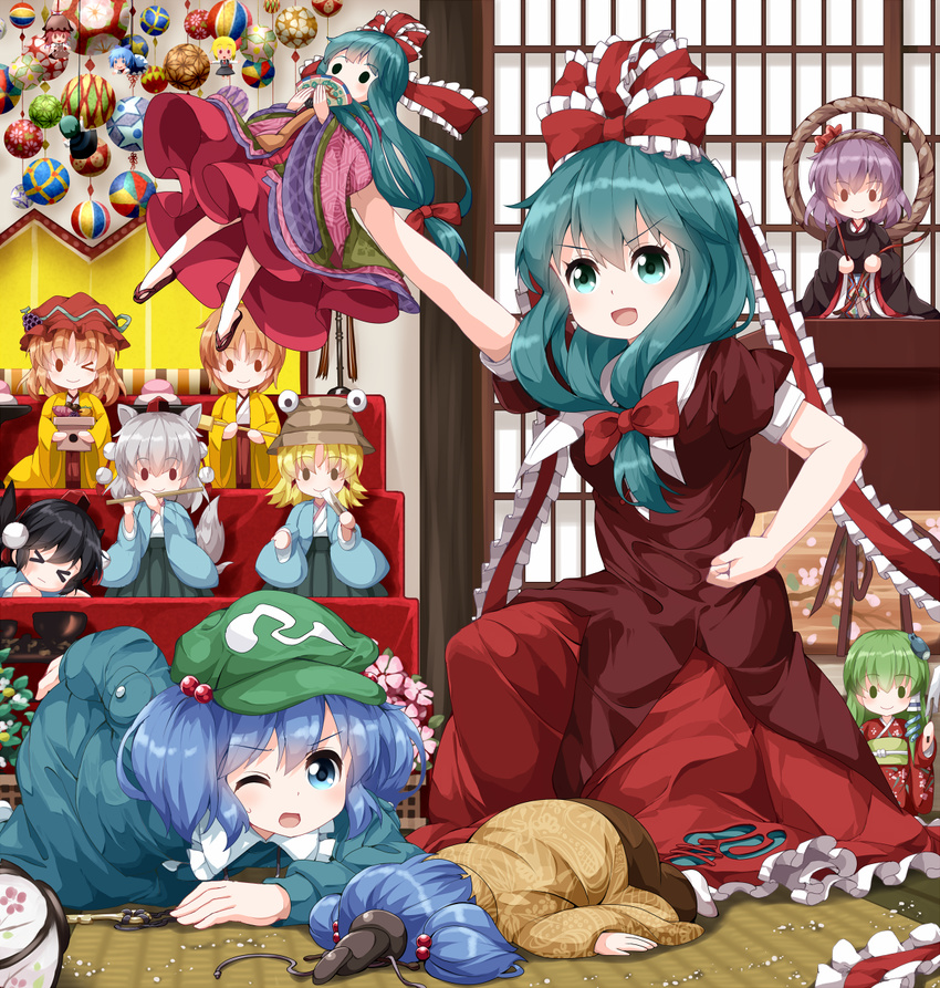 &gt;_&lt; &gt;_o aki_minoriko aki_shizuha bangs black_wings blue_eyes blue_hair bow character_doll cirno closed_eyes dress eyebrows eyebrows_visible_through_hair food frog_hair_ornament fruit grapes green_eyes green_hair hair_bobbles hair_bow hair_ornament hair_ribbon hair_tubes hat highres hinamatsuri inubashiri_momiji japanese_clothes kagiyama_hina kawashiro_nitori kimono kneeling kochiya_sanae mountain_of_faith multiple_girls mystia_lorelei obi on_floor one_eye_closed puffy_short_sleeves puffy_sleeves red_bow red_ribbon ribbon rope rumia ruu_(tksymkw) sash shameimaru_aya shimenawa short_sleeves snake_hair_ornament team_9 tokin_hat touhou wings wriggle_nightbug yasaka_kanako