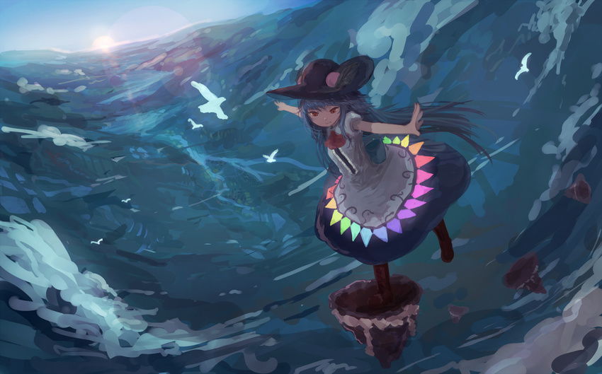 above_clouds adapted_costume ascot balancing bird black_hat blue_dress blue_hair blue_sky boots bridge brown_footwear day dress food fruit gensoukyou grin hat highres hinanawi_tenshi horizon keystone lake lens_flare long_hair looking_down mifuru morning mountain outstretched_arms peach rainbow_order red_eyes river scenery shirt short_sleeves sky smile solo stream sun sunlight touhou village white_shirt