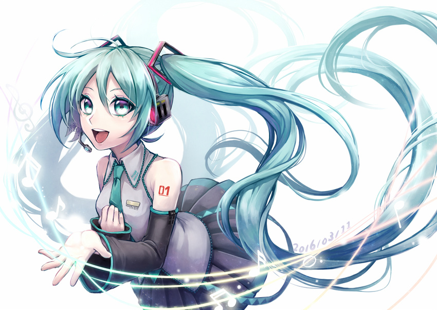 2016 aqua_eyes aqua_hair beamed_sixteenth_notes dated detached_sleeves eighth_note floating_hair hand_on_own_chest hatsune_miku headset long_hair musical_note necktie open_mouth shizune skirt solo treble_clef twintails very_long_hair vocaloid white_background