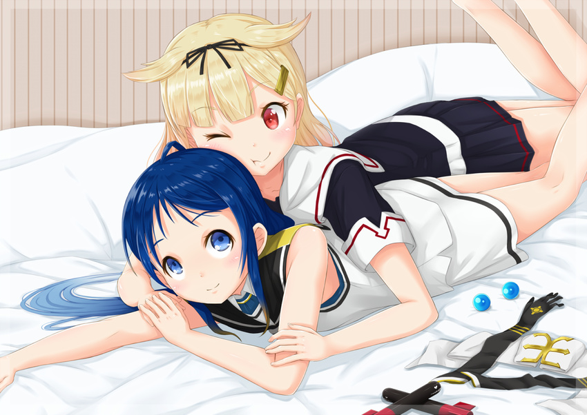 ;t ahoge bangs bare_arms bare_shoulders bed bed_sheet black_ribbon black_serafuku black_skirt blonde_hair blue_eyes blue_hair blunt_bangs blush cheek_press elbow_gloves eyebrows eyebrows_visible_through_hair feet_up gecotan gloves gloves_removed hair_flaps hair_ornament hair_ribbon hairclip hand_on_another's_arm holding_hands indoors kantai_collection kneepits legs_up long_hair looking_up lying multiple_girls on_bed on_stomach pillow pleated_skirt pout red_eyes remodel_(kantai_collection) ribbon sailor_collar samidare_(kantai_collection) scarf scarf_removed school_uniform serafuku shirt short_sleeves skirt sleeveless sleeveless_shirt smile tareme torpedo very_long_hair white_scarf white_shirt white_skirt yuri yuudachi_(kantai_collection)