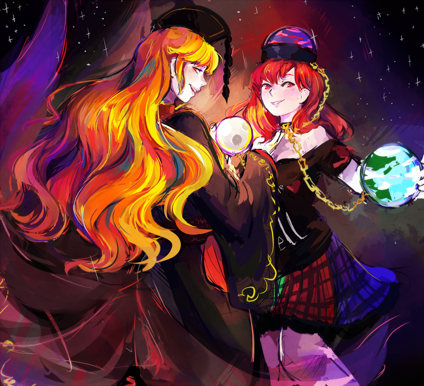 2girls bare_shoulders black_dress black_shirt blonde_hair breasts chain chains chinese_clothes choker cleavage clothes_writing dress earth_(ornament) energy fox_tail gold_chain grin hand_up hat hecatia_lapislazuli junko_(touhou) long_hair long_sleeves looking_back moon_(ornament) multicolored_skirt multiple_girls multiple_tails obi off-shoulder_shirt off_shoulder open_mouth plaid plaid_skirt red_eyes red_hair sash shirt sidelocks skirt smile space tail teeth touhou verifying_(artist) very_long_hair wide_sleeves