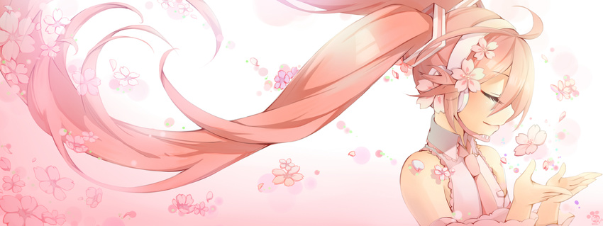 39 cherry_blossoms closed_eyes commentary_request detached_sleeves floating_hair flower from_side hair_flower hair_ornament hatsune_miku headset highres hinata8281 long_hair necktie sakura_miku solo twintails upper_body very_long_hair vocaloid