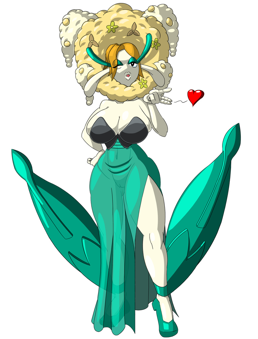 &lt;3 absurd_res anthro big_breasts black_eyes blow_kiss breasts clothing dress fairy fan_character female florges flower forbiddenknights2 gala_dress grass hair hand_on_hip hi_res huge_breasts humanoid leaves light_hair lips long_ears looking_at_viewer mature navel nintendo one_eye_closed plant pok&eacute;mon simple_background solo standing thick_thighs video_games voluptuous white_skin wide_hips wink
