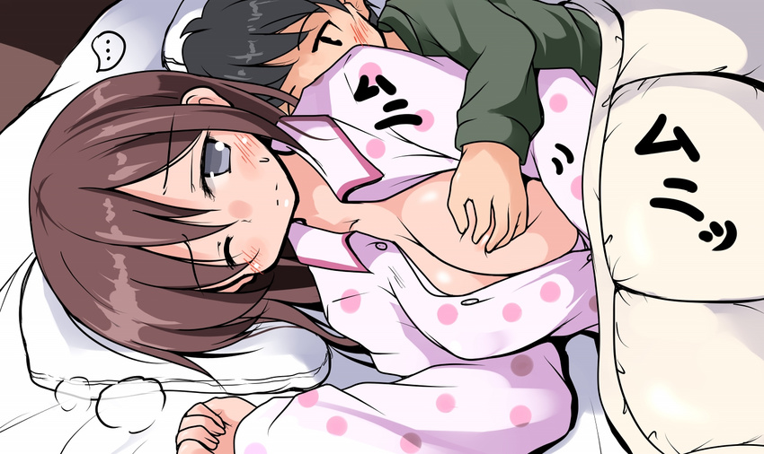 1boy 1girl ;( ahoge areolae bed_sheet black_eyes black_hair blanket blush breast_grab breasts brown_hair closed_mouth collar expressionless eyebrows grabbing grabbing_from_behind grey_eyes hetero jitome large_breasts long_sleeves lying on_bed on_side original pajamas pillow polka_dot short_hair speech_bubble spoken_ellipsis sweatdrop tsuzuri_(tuzuri) unbuttoned upper_body