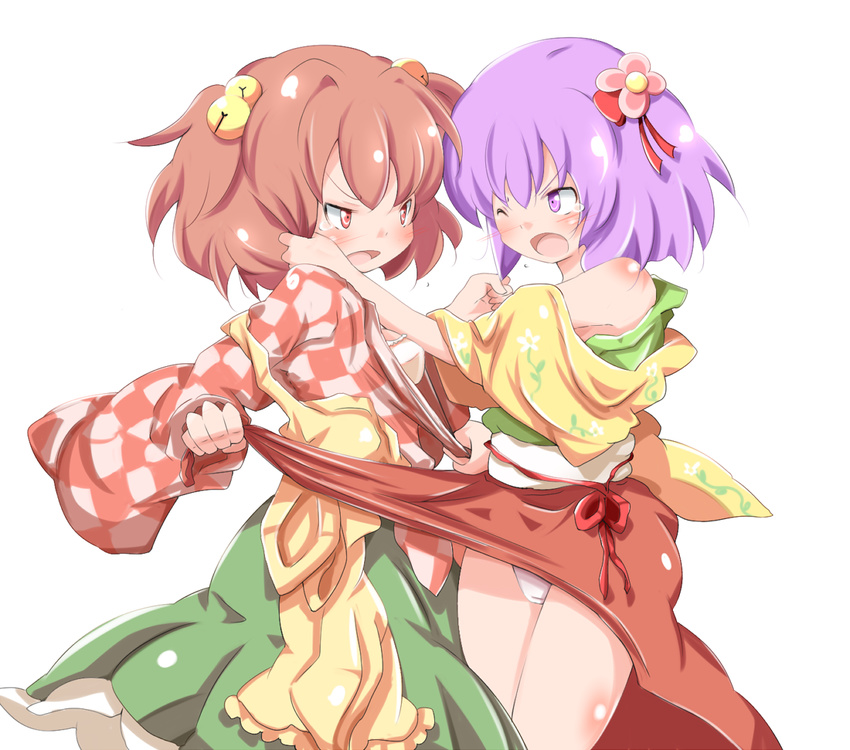 angry apron_pull bell blush catfight checkered checkered_shirt clothes_lift floral_print flower green_skirt hair_bell hair_flower hair_grab hair_ornament hair_pull hieda_no_akyuu japanese_clothes kikurage_(sugi222) kimono kimono_lift long_skirt motoori_kosuzu multiple_girls obi off_shoulder open_mouth panties pantyshot pantyshot_(standing) purple_eyes purple_hair red_eyes red_hair ribbon sash shiny shiny_hair shiny_skin shirt short_hair simple_background skirt skirt_lift skirt_tug standing touhou underwear white_background white_panties