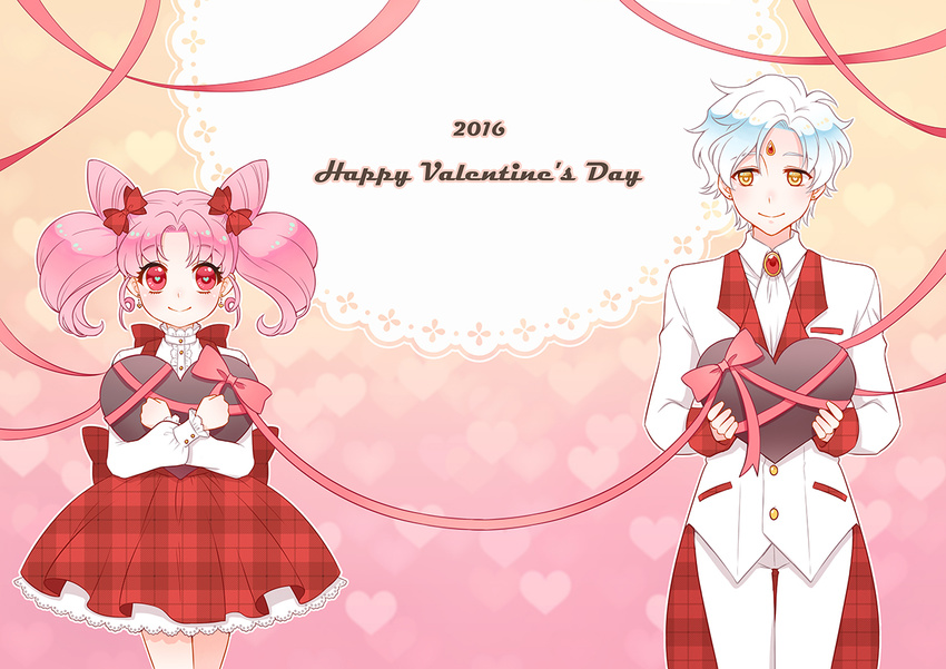 1girl 2016 bishoujo_senshi_sailor_moon bow chibi_usa cowboy_shot cravat double_bun forehead_jewel formal gradient gradient_background hair_bow happy_valentine heart heart-shaped_pupils heart_background helios_(sailor_moon) looking_at_viewer nightcat pink_background pink_hair plaid plaid_skirt red_bow red_eyes red_skirt short_hair skirt smile standing suit symbol-shaped_pupils twintails unmoving_pattern valentine white_hair yellow_background yellow_eyes