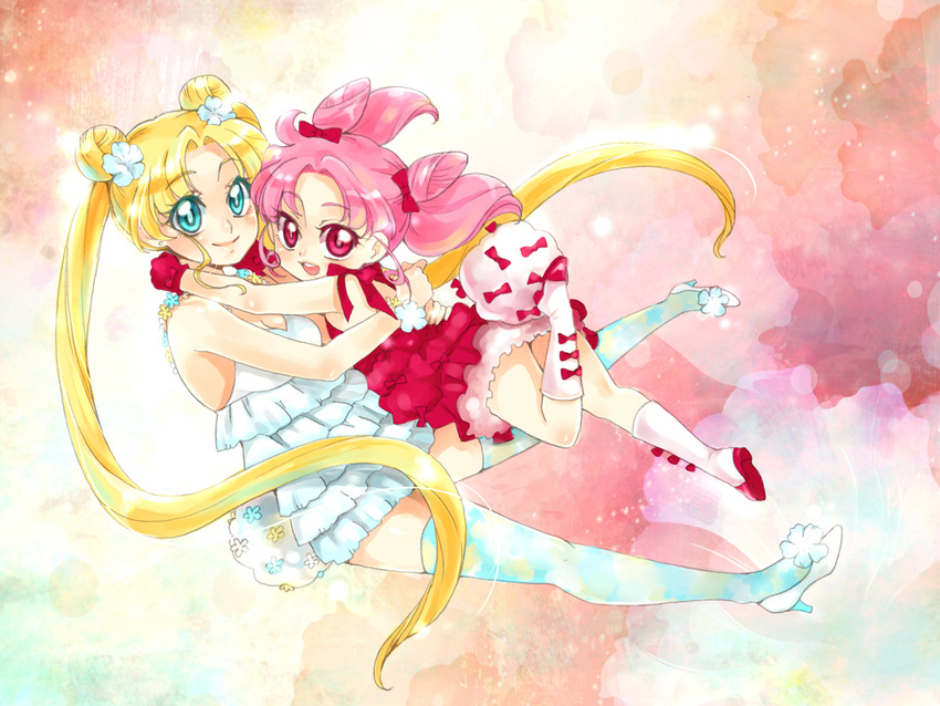 bishoujo_senshi_sailor_moon blonde_hair blue_eyes blue_legwear boots bow bunny_tail chibi_usa double_bun flower full_body gloves hair_bow hair_flower hair_ornament high_heels hug knee_boots long_hair looking_at_viewer multicolored multicolored_background multiple_girls nightcat pink_hair red_bow red_eyes red_gloves red_skirt shoes short_hair skirt smile tail thighhighs tsukino_usagi twintails white_footwear white_skirt zettai_ryouiki