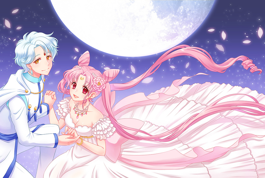 1girl bishoujo_senshi_sailor_moon bracelet cape chibi_usa couple crescent crystal_earrings double_bun dress earrings facial_mark flower forehead_jewel forehead_mark frills full_moon hair_flower hair_ornament hairpin helios_(sailor_moon) hetero holding_hands jewelry kneeling long_hair looking_at_viewer moon necklace nightcat older pants petals pink_hair red_eyes shirt small_lady_serenity smile twintails white_dress white_hair white_pants white_shirt yellow_eyes