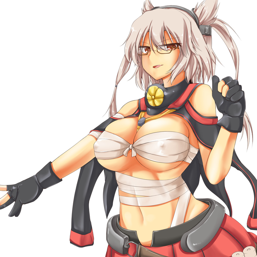:d alternate_skin_color bandages between_breasts black_gloves breasts budget_sarashi capelet collar commentary_request covered_nipples dark_skin fang fingerless_gloves glasses gloves hair_between_eyes headgear highres kantai_collection large_breasts light_brown_hair looking_at_viewer musashi_(kantai_collection) navel open_mouth pirorun pointy_hair red_eyes sarashi short_hair_with_long_locks smile solo two_side_up upper_body