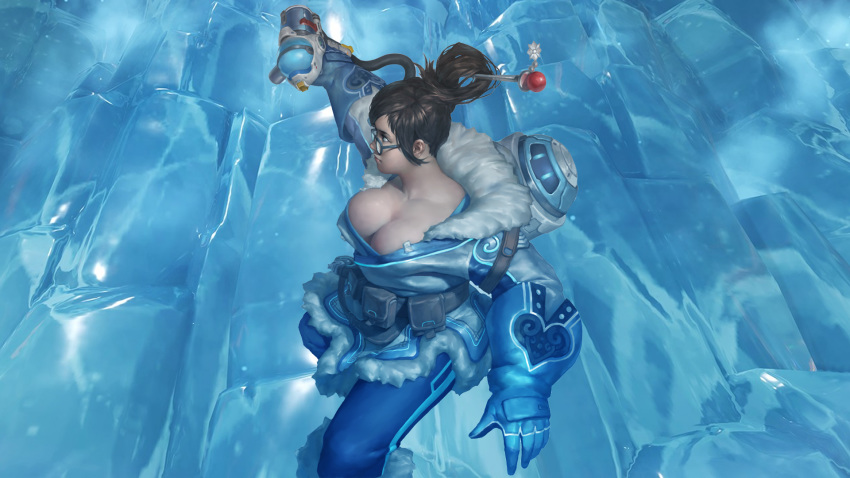 1girl belt blizzard_(company) breasts chen_zhang cleavage female glasses gun hair_bun hair_ornament hua_ye_cai ice large_breasts mei_(overwatch) overwatch snowball_(overwatch) third-party_edit wallpaper weapon winter_clothes