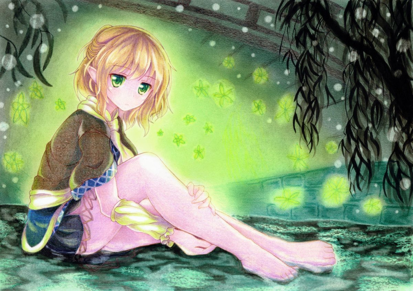 arm_warmers bare_legs barefoot blonde_hair bridge green_eyes kittona looking_at_viewer millipen_(medium) mizuhashi_parsee pastel_(medium) pointy_ears shirt short_sleeves sitting skirt solo touhou traditional_media watercolor_pencil_(medium)