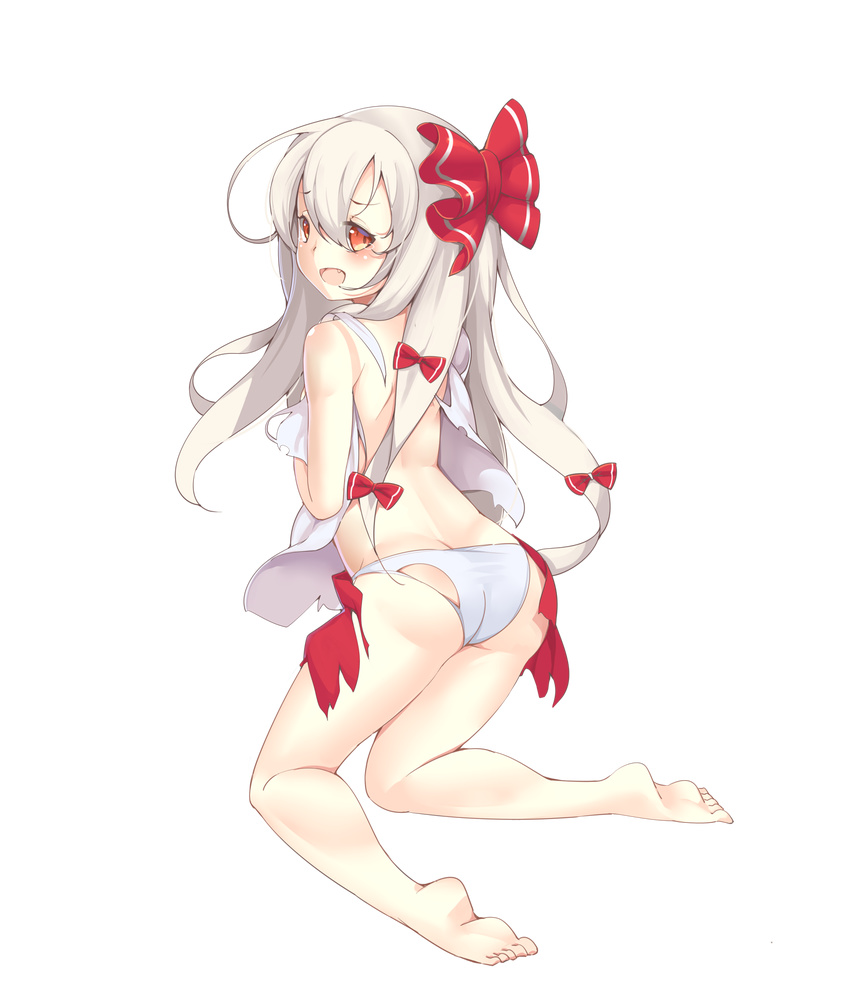 ass back bad_id bad_pixiv_id barefoot bow covering covering_chest fujiwara_no_mokou full_body hair_bow hair_ribbon highres kneeling long_hair no_pants ootsuki_momiji open_mouth panties red_eyes ribbon shirt silver_hair smile solo torn_clothes torn_panties torn_shirt touhou touhou_ayaria_epic transparent_background tress_ribbon underwear very_long_hair white_hair white_panties