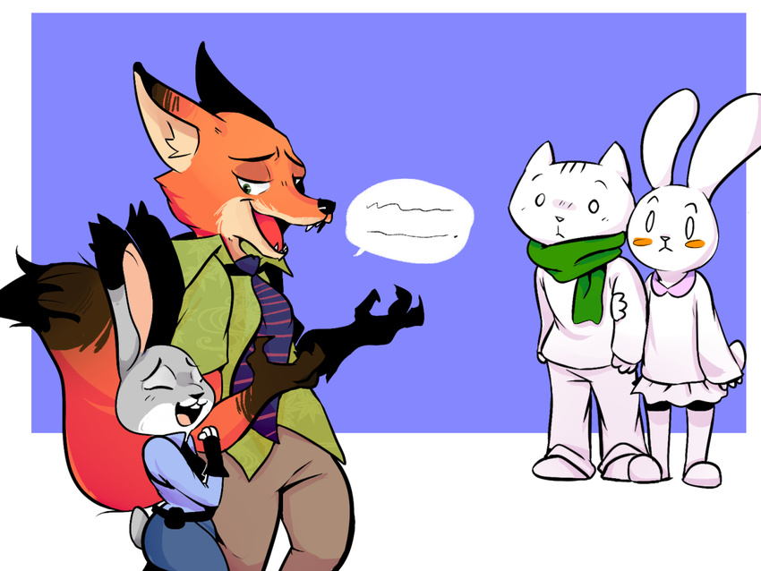 anthro canine cat clothing crossover disney doki feline fox interspecies judy_hopps lagomorph mammal nabi necktie nick_wilde pkbunny predator/prey_relations rabbit scarf there_she_is zootopia