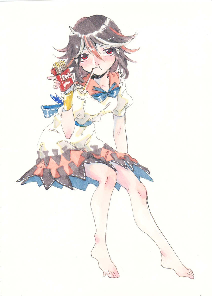 barefoot black_hair bracelet dress eating food frilled_shirt_collar frills full_body giving highres horns jewelry kijin_seija legs looking_at_viewer mouth_hold multicolored_hair pocky red_eyes red_hair seastar short_hair short_sleeves simple_background sitting solo streaked_hair thighs toes touhou white_background white_dress white_hair