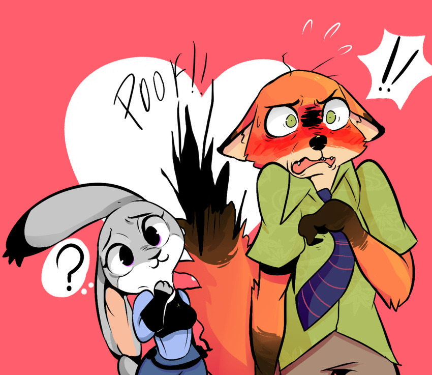 ! &lt;3 ? anthro blush canine clothing crossover disney fox judy_hopps lagomorph mammal necktie nick_wilde pkbunny rabbit tail_boner there_she_is zootopia