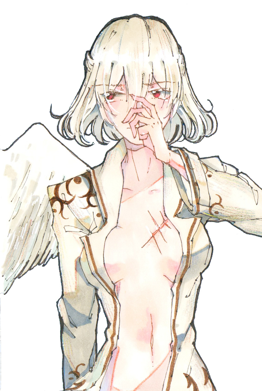 alternate_hair_color angel_wings arm_at_side bangs beige_jacket breasts hair_between_eyes hand_over_face highres jacket kishin_sagume long_sleeves looking_to_the_side navel open_clothes open_jacket red_eyes scar seastar short_hair single_wing small_breasts solo stomach touhou upper_body wings