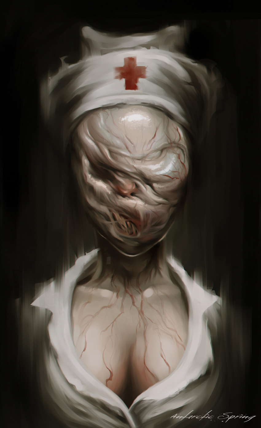 1girl breasts bubble_head_nurse cleavage commentary faceless hat highres monster_girl nurse nurse_cap silent_hill silent_hill_2 solo