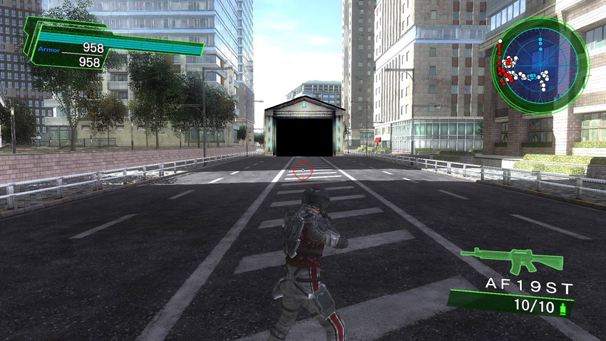 aiming blue_sky bodysuit buckle building bush city cursor day earth_defense_force_2025 from_behind gameplay_mechanics gate_-_jieitai_ka_no_chi_nite_kaku_tatakaeri gensou_koroshi_kai gun health_bar helmet highres lamppost number park plant railing road sidewalk sky soldier standing street tree tunnel uniform weapon window