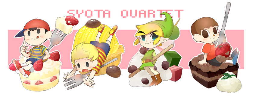 4boys belt black_hair blonde_hair blush cap doubutsu_no_mori food lucas mother_(series) multiple_boys ness nintendo short_hair the_legend_of_zelda the_legend_of_zelda:_the_wind_waker tongue tongue_out toon_link villager_(doubutsu_no_mori)