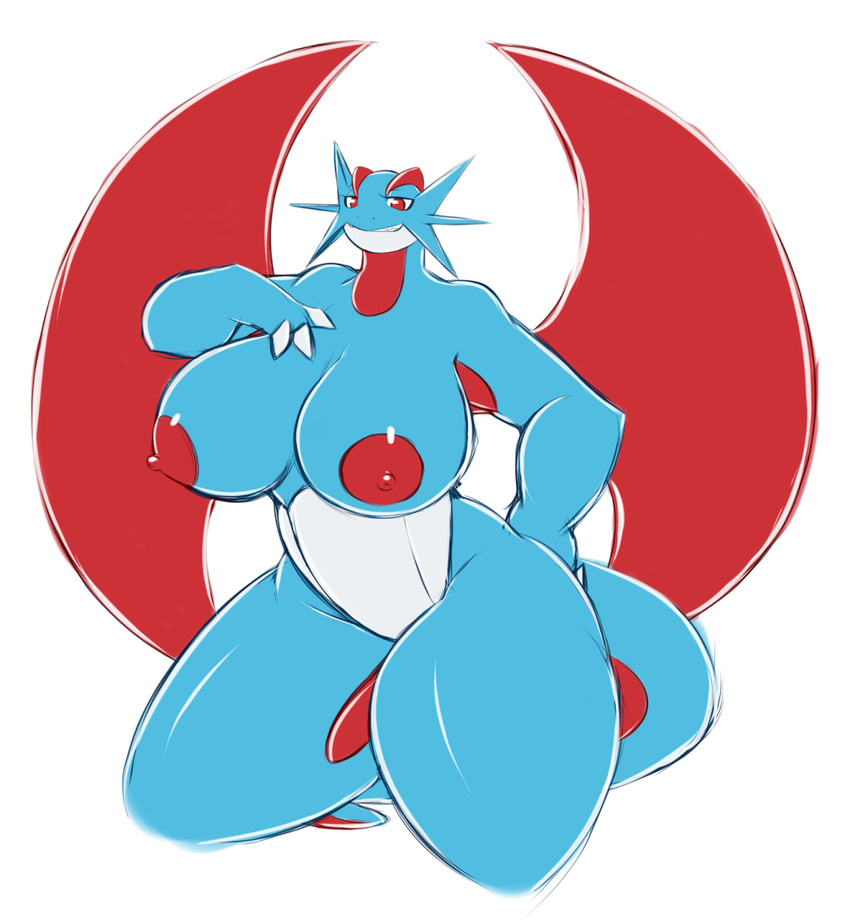 anthro averyshadydolphin big_breasts blue_skin breasts female hi_res huge_nipples looking_at_viewer markings nintendo nipples pok&eacute;mon salamence simple_background solo video_games wide_hips