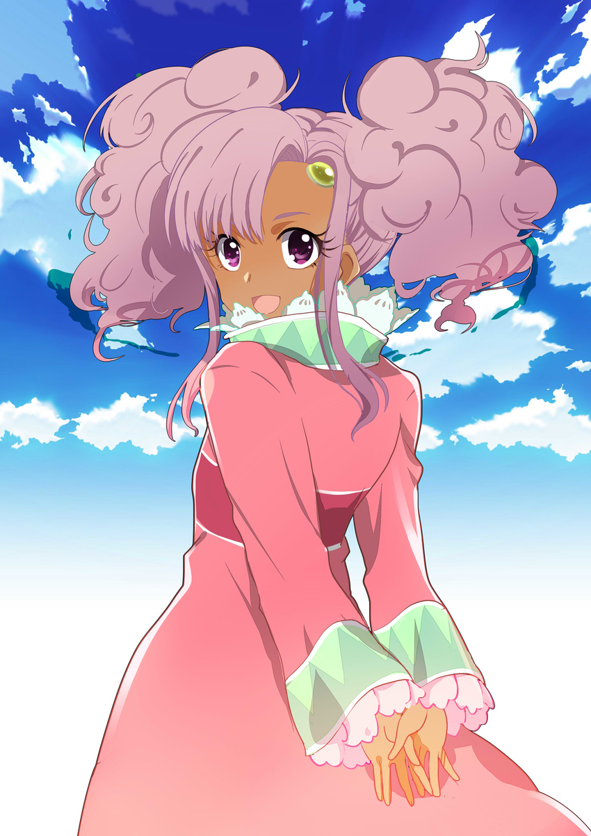 1girl dark_skin dress frills long_hair meredy open_mouth purple_eyes purple_hair sky tales_of_(series) tales_of_eternia twintails