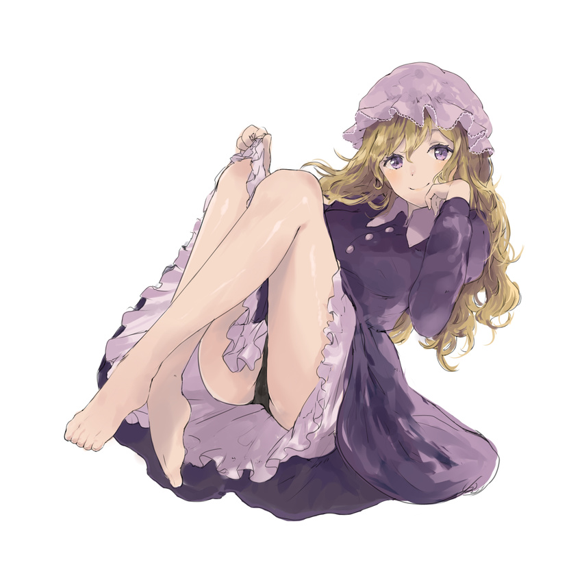 ass bangs barefoot black_panties blonde_hair blush breasts colored_eyelashes crossed_legs dress dress_lift full_body hat highres honi legs long_hair long_sleeves looking_at_viewer lying maribel_hearn medium_breasts mob_cap panties pantyshot puffy_long_sleeves puffy_sleeves purple_eyes reflective_eyes shiny shiny_skin simple_background smile solo thighs toes touhou underwear white_background