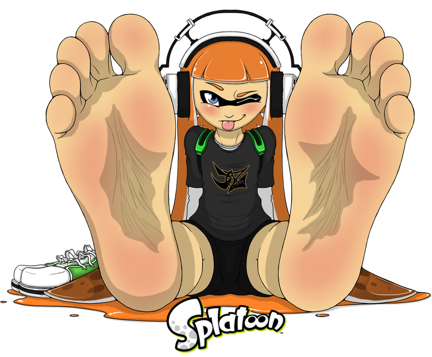 5_toes absurd_res barefoot blue_eyes blush cephalopod clothing feet female foot_focus footwear hair headphones hi_res humanoid humanoid_feet inkling long_hair marine mask nintendo one_eye_closed orange_hair pointy_ears sitting smile soles solesketch solo splatoon squid tentacle_hair tentacles toes tongue tongue_out video_games wink