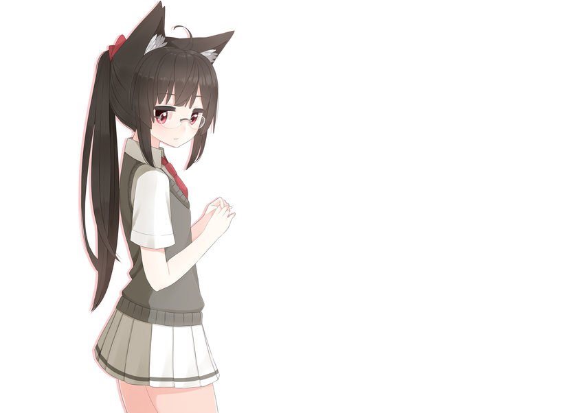 animal_ears anthropomorphism black_hair blush catgirl choukai_(kancolle) glasses gloves kantai_collection long_hair ponytail red_eyes seifuku skirt tie white yukichi_(sukiyaki39)