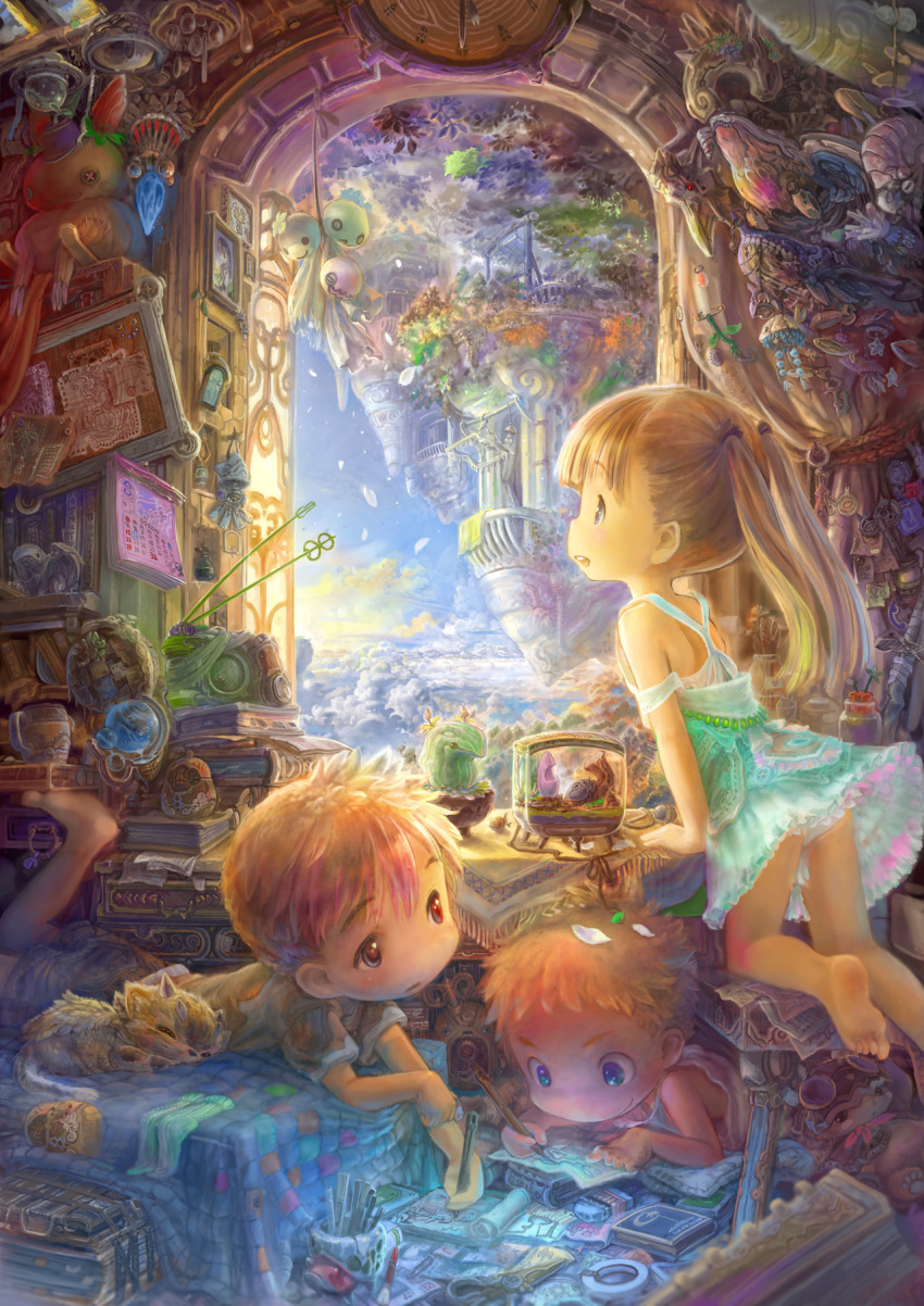 1girl 2boys barefoot bed bed_sheet blonde_hair blue_eyes book buttons calendar_(object) cat chair character_request child clock colorful cup doll dress fish highres leaf lying map multiple_boys on_bed on_stomach orange_hair original panties pantyshot pen pencil petals photo_(object) red_eyes room sky star teruterubouzu tree tsukushi_akihito underwear