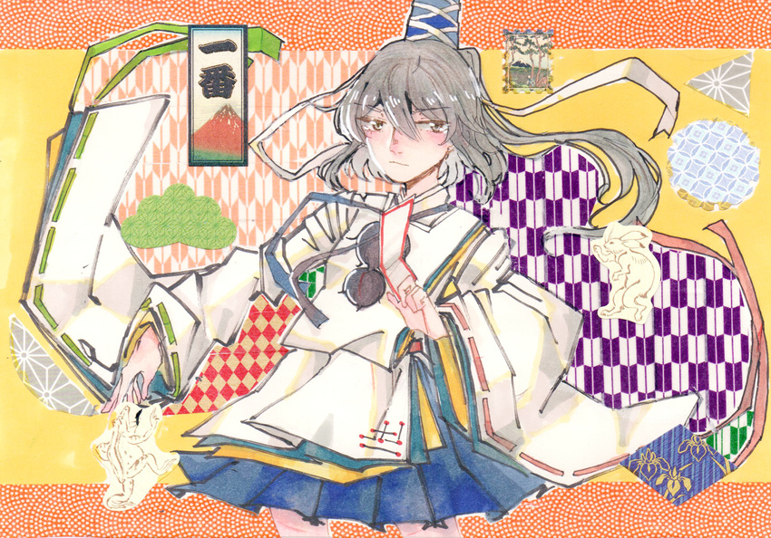 asa_no_ha_(pattern) blue_skirt checkered cowboy_shot expressionless grey_hair hat hat_ribbon highres japanese_clothes letterboxed long_sleeves mononobe_no_futo pom_pom_(clothes) ponytail postage_stamp ribbon ribbon-trimmed_sleeves ribbon_trim seastar shippou_(pattern) short_hair skirt solo tate_eboshi touhou wide_sleeves yagasuri yellow_background