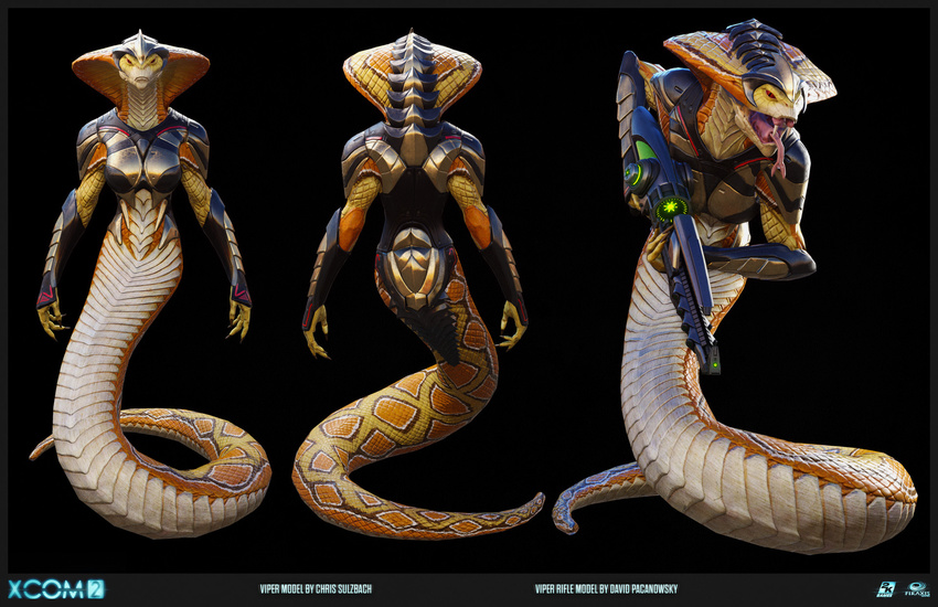 alien armor cgi claws cobra digital_media_(artwork) fangs female model_sheet naga official official_art open_mouth red_eyes reptile scalie simple_background snake solo text tongue tongue_out unconvincing_armor video_games viper_(x-com) weapon x-com