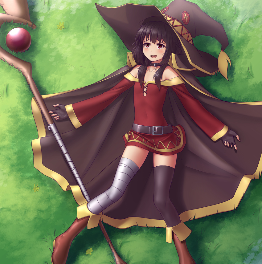 bandaged_leg bandages bare_shoulders belt black_cape black_hair black_legwear blush boots brown_footwear cape commentary dress fingerless_gloves flat_chest gloves grass hat hater_(hatater) highres kono_subarashii_sekai_ni_shukufuku_wo! long_sleeves lying megumin on_back open_mouth red_dress red_eyes short_dress short_hair single_thighhigh solo staff thighhighs witch_hat