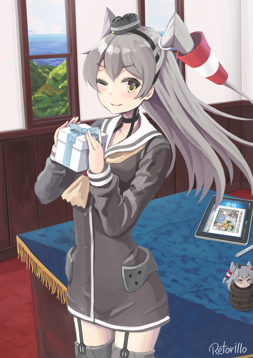 amatsukaze_(kantai_collection) artist_name bad_id bad_pixiv_id barrel blue_ribbon chibi choker commentary_request cowboy_shot dress garter_straps gift grey_hair hair_tubes hairband hat highres holding holding_gift indoors kantai_collection long_hair long_sleeves looking_at_viewer meta mini_hat one_eye_closed pop-up_pirate retorillo ribbon sailor_dress short_dress smile solo standing stylus table tablecloth tablet thighhighs two_side_up white_day window yellow_eyes zettai_ryouiki