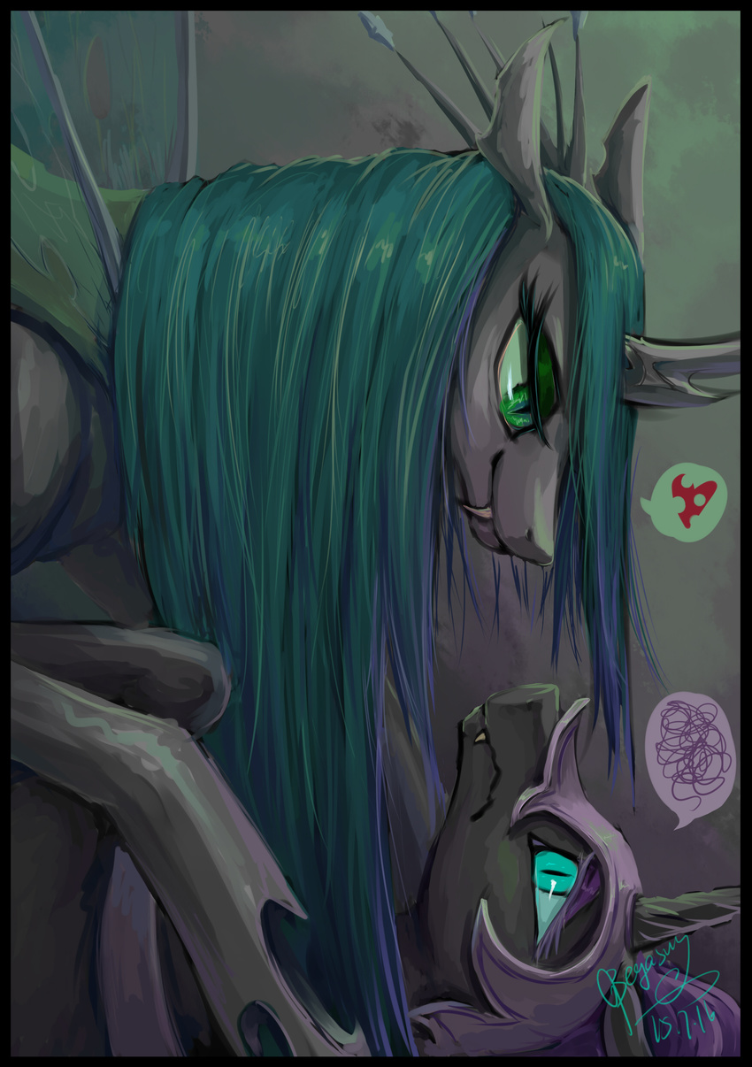 2015 absurd_res begasuslu black_fur blue_eyes blue_hair changeling duo equine eye_contact fangs female feral friendship_is_magic fur green_eyes green_hair hair helmet hi_res horn jewelry mammal my_little_pony necklace nightmare_moon_(mlp) princess_luna_(mlp) queen_chrysalis_(mlp) royalty slit_pupils winged_unicorn wings