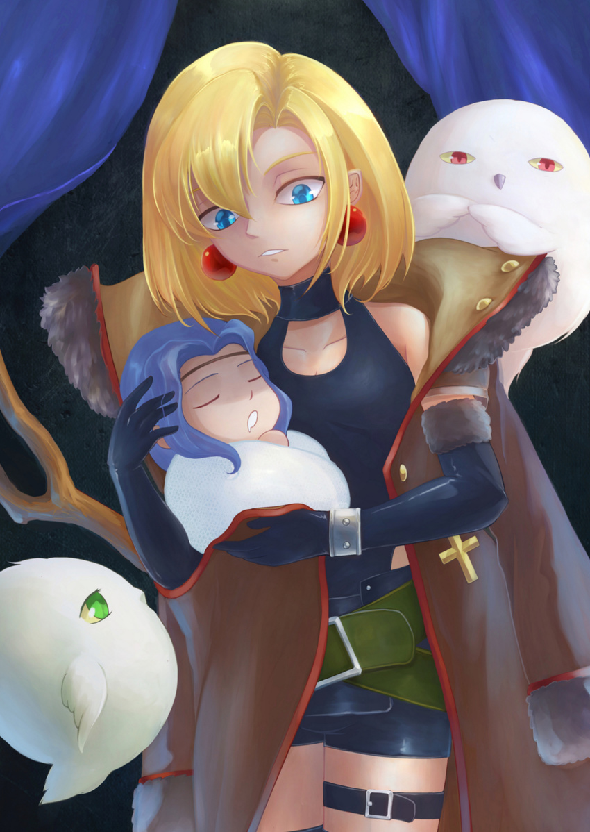 artemis_(junketsu_no_maria) artemis_(junketsu_no_maria)_(bird) artoria_(3001005) baby bird black_gloves blonde_hair blue_eyes blue_hair circlet closed_eyes coat cross earrings elbow_gloves ezekiel_(junketsu_no_maria) gloves highres jewelry junketsu_no_maria maria_(junketsu_no_maria) multiple_girls open_clothes open_coat owl priapus_(junketsu_no_maria) priapus_(junketsu_no_maria)_(bird) short_hair shorts thigh_strap