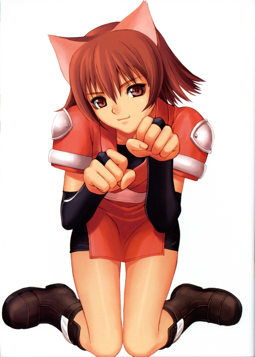 absurdres animal_ears armor bangs black_footwear black_skirt boots breasts bridal_gauntlets cat_ears clenched_hands closed_mouth collarbone full_body hair_between_eyes hands_up head_tilt highres japanese_clothes kimono knee_boots kneeling knees_together_feet_apart leaning_forward light_smile looking_at_viewer mao_(shining_tears) miniskirt official_art paw_pose pelvic_curtain pencil_skirt pink_sash red_eyes red_hair red_kimono sash scan shining_(series) shining_tears short_hair short_kimono short_sleeves shoulder_armor simple_background skirt small_breasts smile solo spaulders tanaka_takayuki thigh_gap white_background