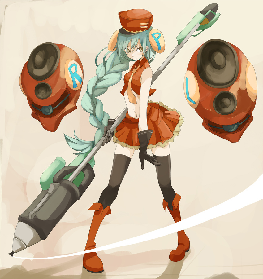 aqua_hair bare_shoulders boots braid hat highres legs long_hair midriff navel necktie oversized_object pen pixiv pixiv-tan skirt solo tansuke thighhighs very_long_hair weapon zettai_ryouiki