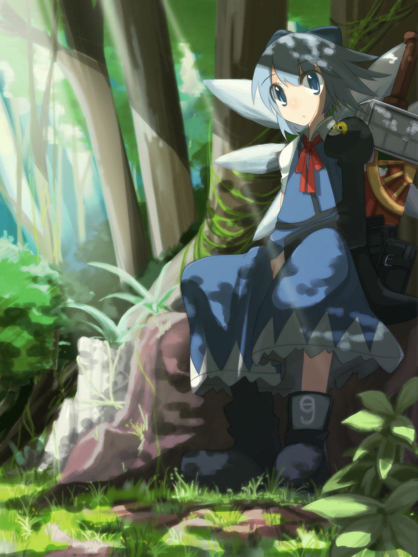 1girl advent_cirno blue_eyes blue_hair cirno forest highres nature parody ribbon short_hair shouji_ayumu sitting solo sword touhou weapon wings