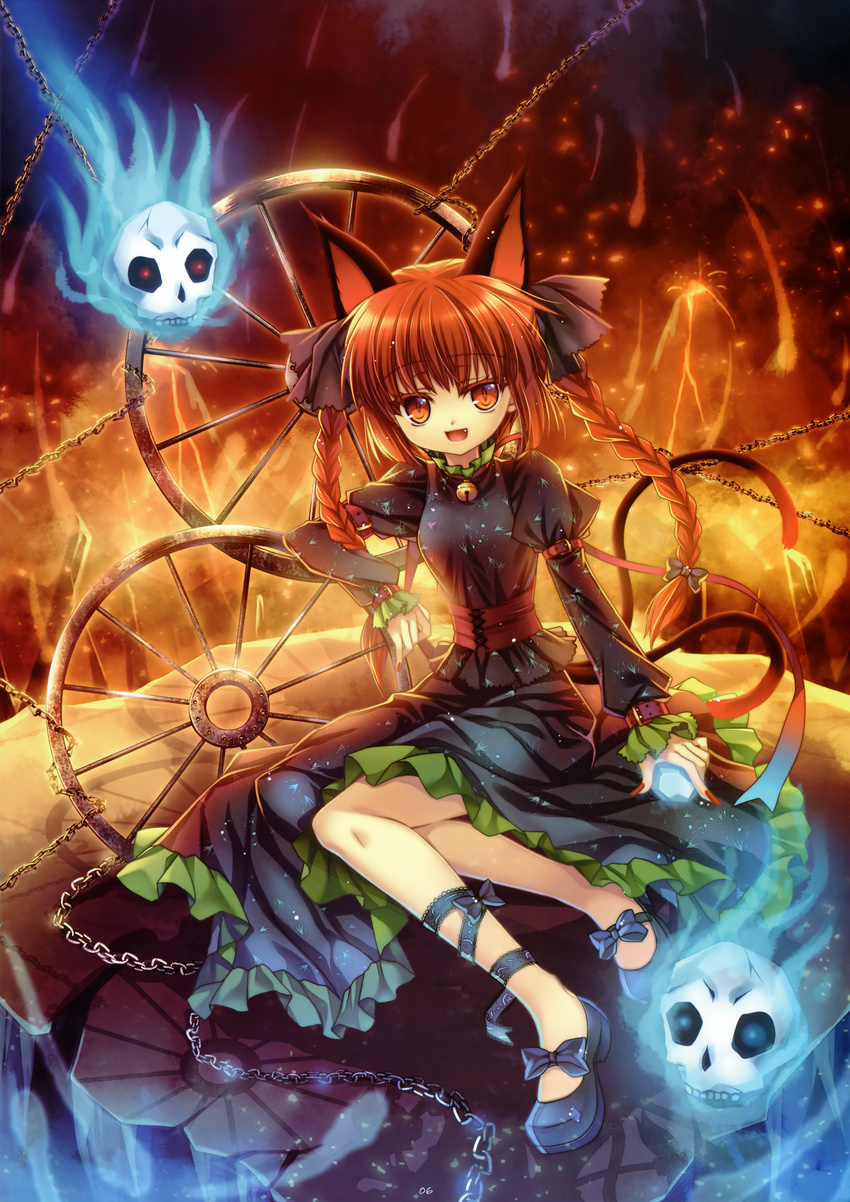 absurdres animal_ears ankle_ribbon bell bell_collar braid capura_lin cat_ears cat_tail chain collar fang highres huge_filesize jingle_bell kaenbyou_rin molten_rock multiple_tails nail_polish red_hair red_nails ribbon skull solo spirit tail touhou twin_braids twintails wheel